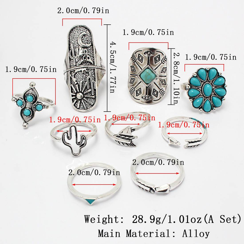Women’s Jewelry Set Fashion Turquoise Alloy Ring Combination Turquoise Rings_voghion.com