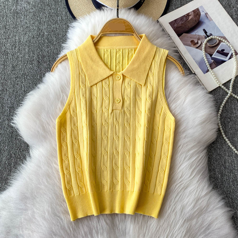 Women's Clothing Twisted POLO Collar Sleeveless Knitted Vest Slim Fit Two Button Casual Top_voghion.com