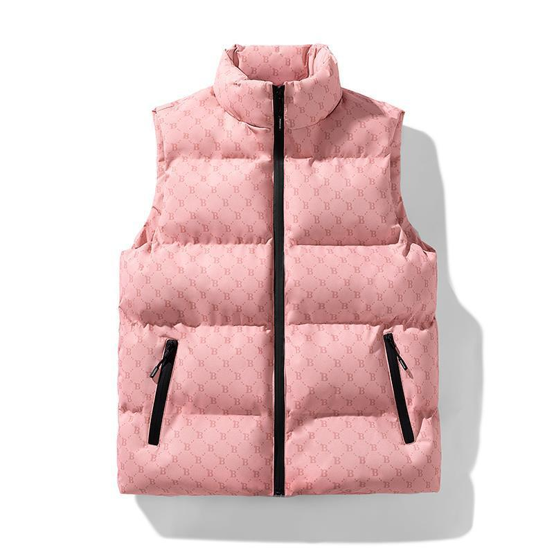 Gesteppte ärmellose Herrenweste mit Reißverschlusstaschen, warme, wattierte Winterjacke für den Frühling, schmal geschnittener Stehkragen, Baumwollmischgewebe (Schwarz/Weiß/Pink)_voghion.com