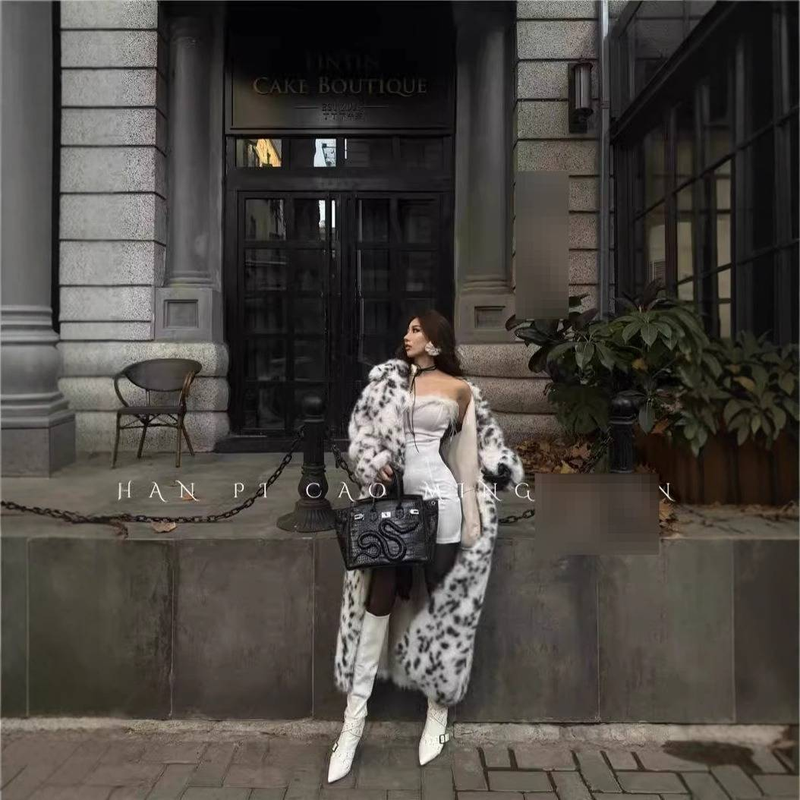 Luxuriöser Kunstfuchspelzmantel für Damen, lang, Plüsch, Leopardenmuster, Blazerjacke mit Revers, warme Wintermode_voghion.com