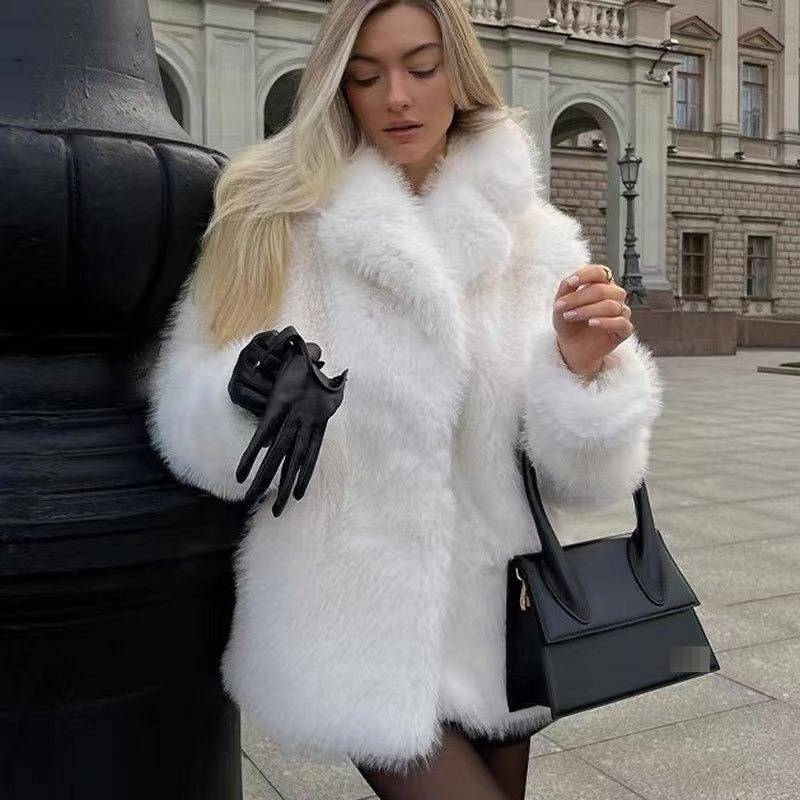 Elegant Faux Fur Coat For Women - Ins Fashion Solid Color Winter Jacket With Notched Lapel, Long Sleeve Mid-Length Outerwear For Office & Casual_voghion.com