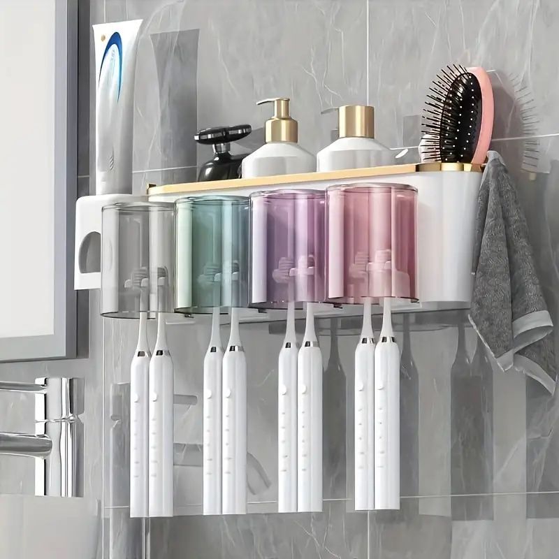 1 Set Multifunctional Toothbrush Rack And Mug Holder Wall Mounted Toothpaste And Mouthwash Storage With Toothpaste Squeezer_voghion.com