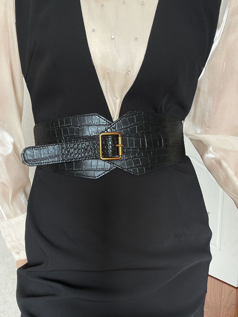 Autumn Winter Women Crocodile Pattern Pin Buckle Wide Versatile Suit Coat Waist Slimming Elastic Belt_voghion.com