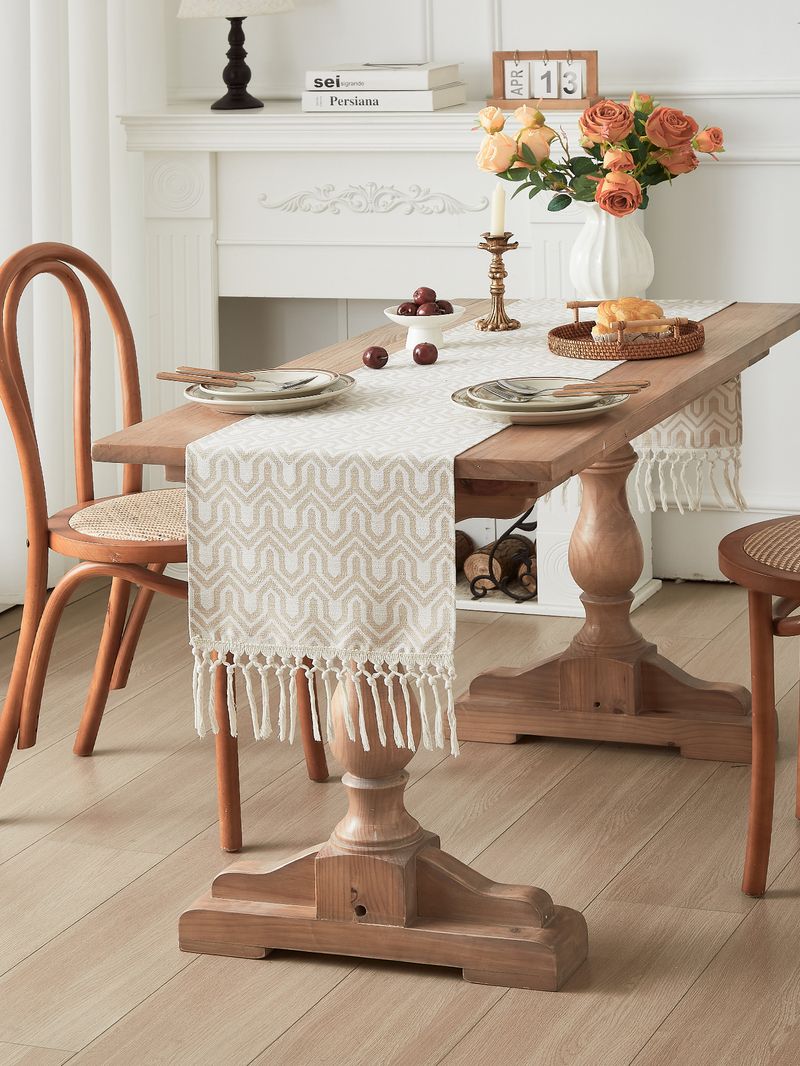 Couchtisch Kontrastmuster Garngefärbter Tischläufer Beige Wellenquaste Gewebte Tischdecke_voghion.com