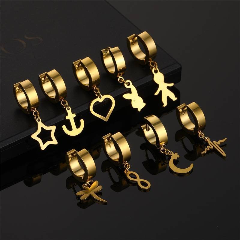 Zierliche minimalistische Goldfarbe baumelnde Charm Huggie durchbohrte Creolen für Kerl Männer Frauen Schmuck_voghion.com