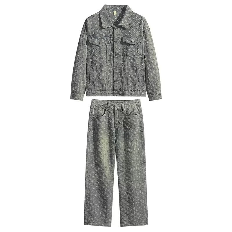 Roupas masculinas Nova jaqueta versátil masculina primavera e outono jacquard tendência casual lapela camisa calças de perna larga_voghion.com