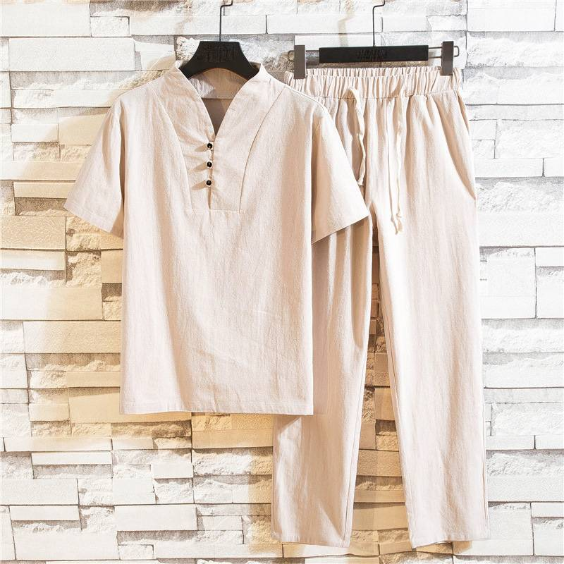 Männerkleeder Summer Léngen Kostüm Kotteng a Léngen locker Casual Kuerzärmlech T-Shirt Néng-Punkt-Hosen Zweedeel Kostüm_voghion.com