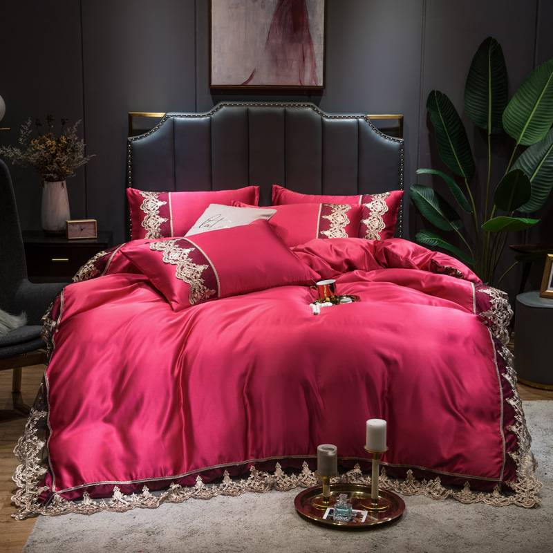 Beddengoedset van zuiver gekleurde zijde - gewassen zijde met geborduurde kantafwerking, 4-delige set, inclusief hoeslaken, luxe hotelkwaliteit_voghion.com