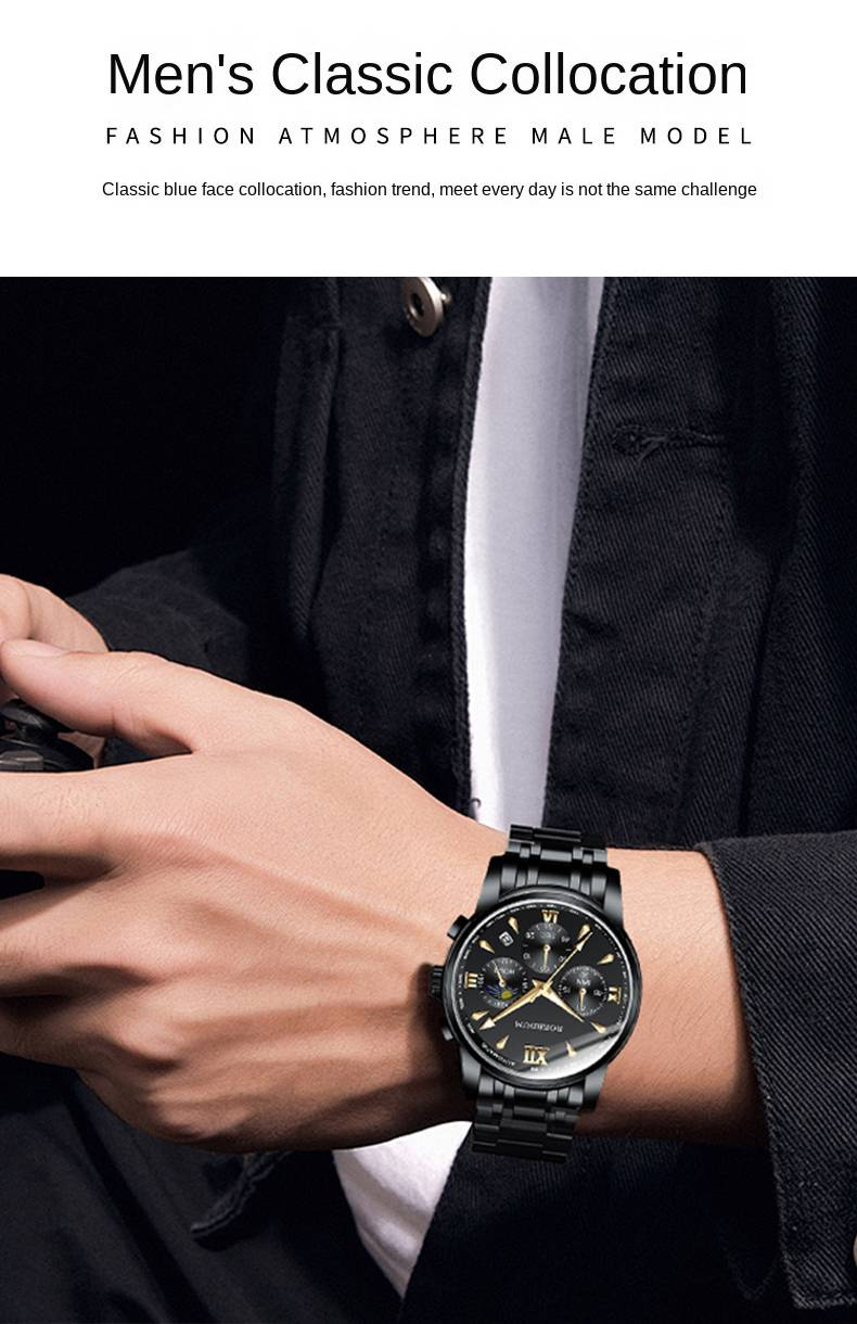 ROERDUM Cool Play Series - Quartz Movement,Stainless Steel Bracelet,Black Dial,Casual & Stylish Men's Watch_voghion.com