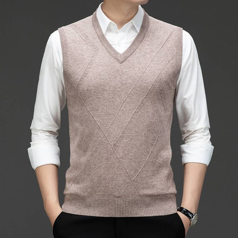 Ärmellose, einfarbige Strickweste für Herren für Männer mittleren Alters, V-Ausschnitt, verdickter Pullover, Strickweste für Väter_voghion.com