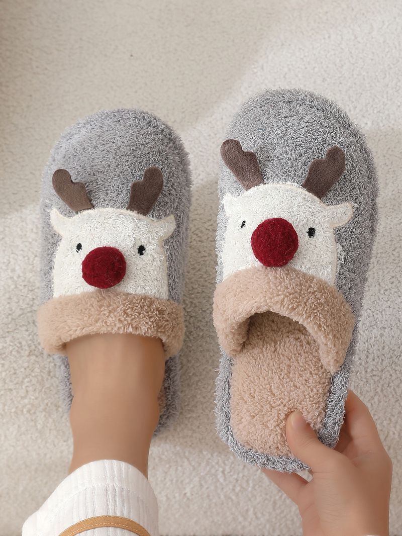 Süße Weihnachts-Rentier-Baumwoll-Hausschuhe für Frauen, Wintermode-Hausschuhe, rutschfeste Paar-Hausschuhe_voghion.com