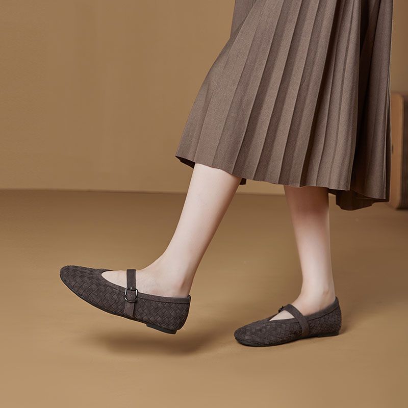 Simple And Versatile Woven Belt Mary Jane Shoes, Round Toe Single Shoes With Woven Texture, Breathable Sheepskin Pad, Comfortable Suede_voghion.com