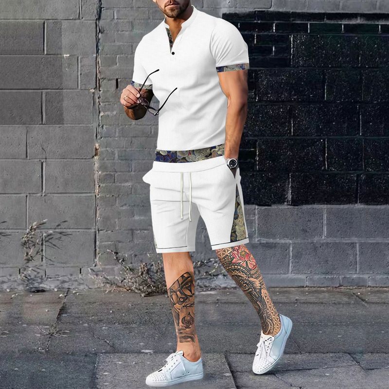 Sommer Waffelkragen Kurzarm Shorts Zweiteiler Set für Sport und Freizeit Herrenanzug_voghion.com