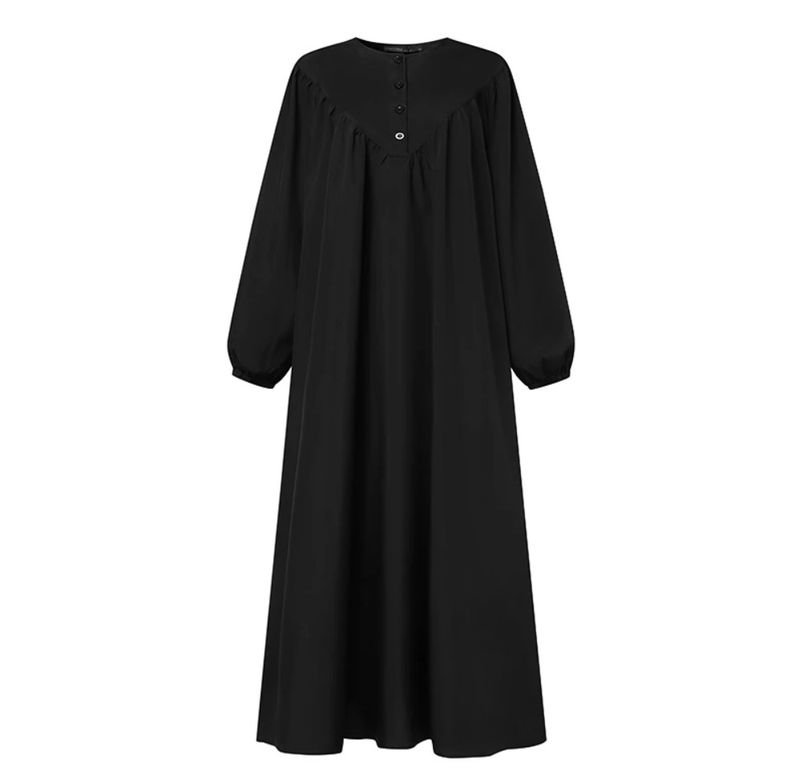 Vestido musulmán liso de moda islámica para mujer, estilo vintage turco, abaya, hiyab de manga larga, cuello redondo, plisado, suelto, kebaya 2025_voghion.com