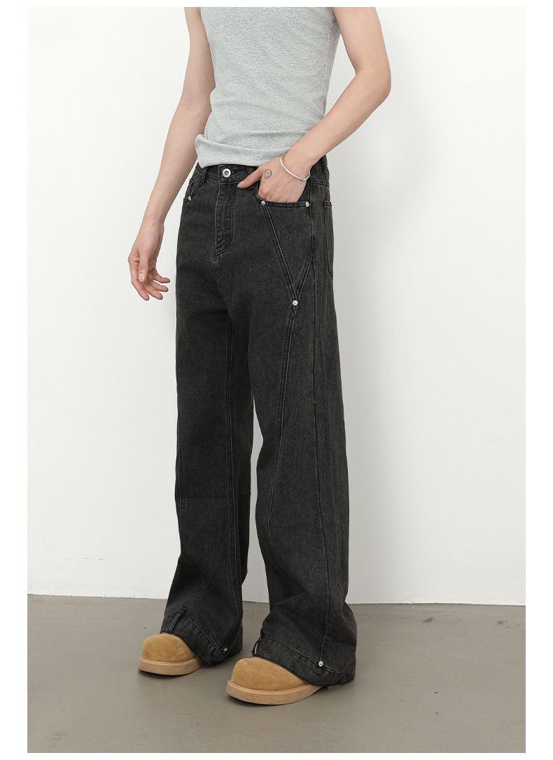 Men's Clothing Trendy Retro Stitching Beaded Jeans Designed Loose Flared Straight Pants_voghion.com