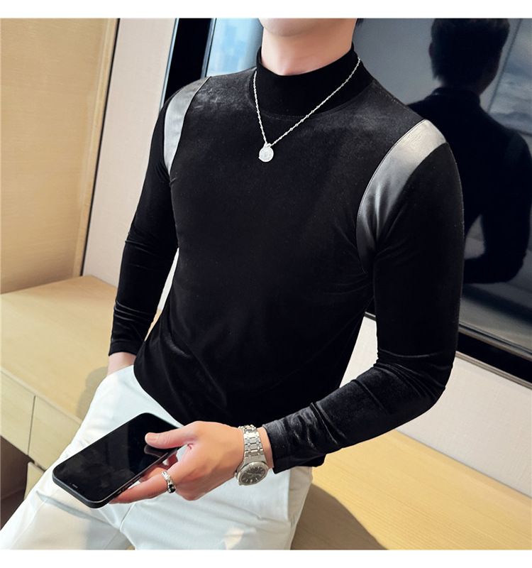 Abbigliamento maschile T-shirt a maniche lunghe elastica con collo alto e mezza pelle testurizzata da uomo, sottile, in velluto, con colletto medio, aderente, abiti autunnali_voghion.com