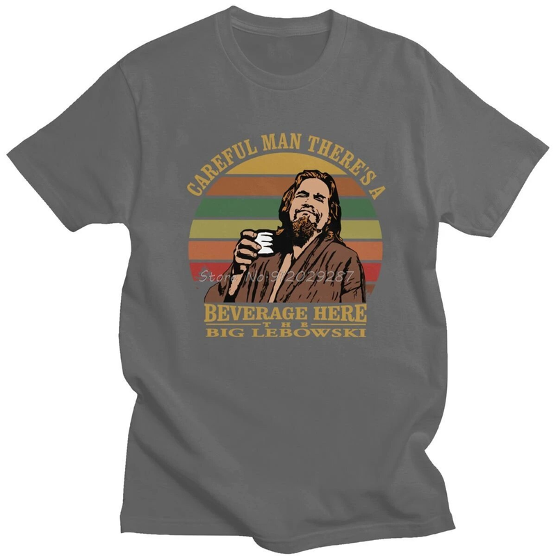Grappige Retro De Dude Big Lebowski T-shirt Voor Mannen Korte Mouw Voorzichtig Man Er Is Een Drank Hier Tee tops O-hals_voghion.com