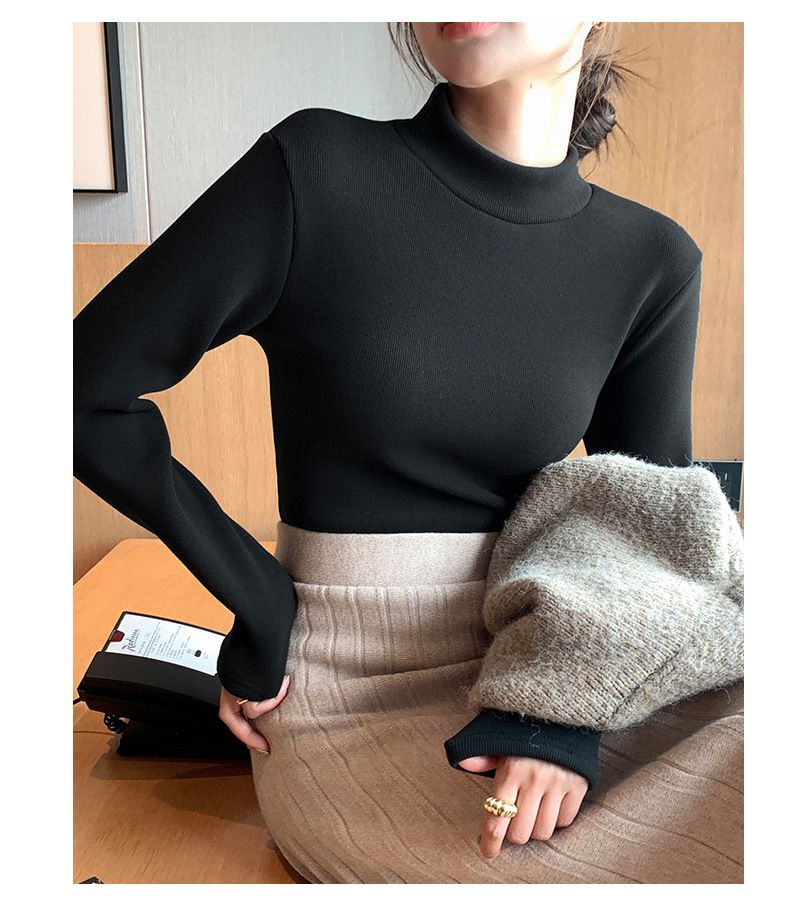 Vêtements pour femmes sous-vêtements demi-col roulé coupe ajustée pull tricoté chemise de base plus haut chaud en velours petit col roulé manches longues pour femmes_voghion.com