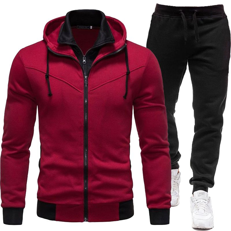 2024 new autumn and winter patchwork jacket, casual long sleeved pants, hooded sports men's set, two-piece set_voghion.com