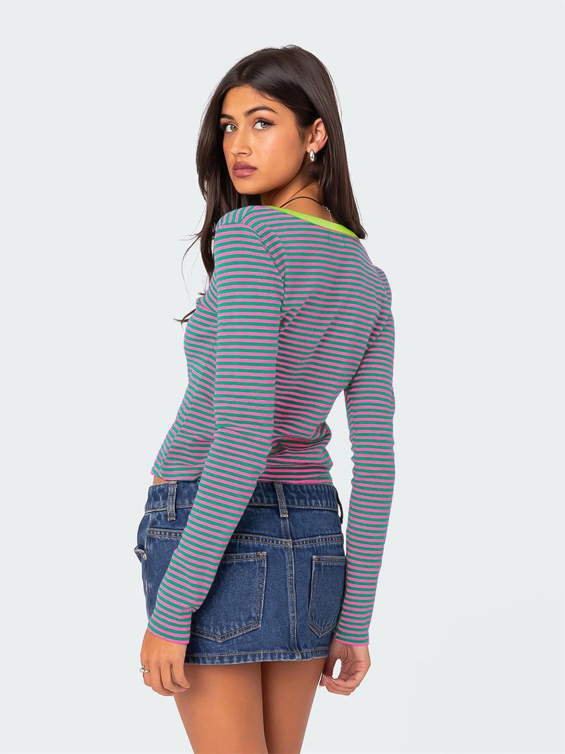Chemise boutonnée en tricot rayé pour femme, coupe slim en coton avec blocs de couleurs_voghion.com