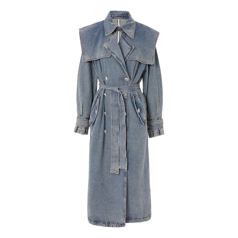 Damen-Jeans-Trenchcoat – Mittellange blaue Jacke mit taillenbetontem Revers (S/M/L/XL)_voghion.com