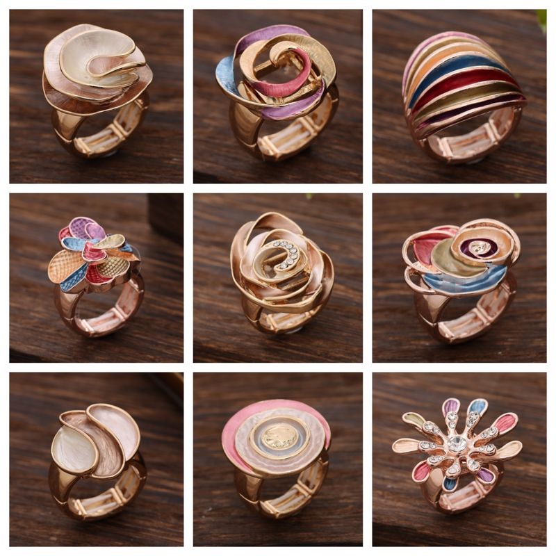 Cross-Border Hot Selling Enamel Color Geometric Elastic Ladies Fashion High Sense Rose Flower Alloy Ring_voghion.com