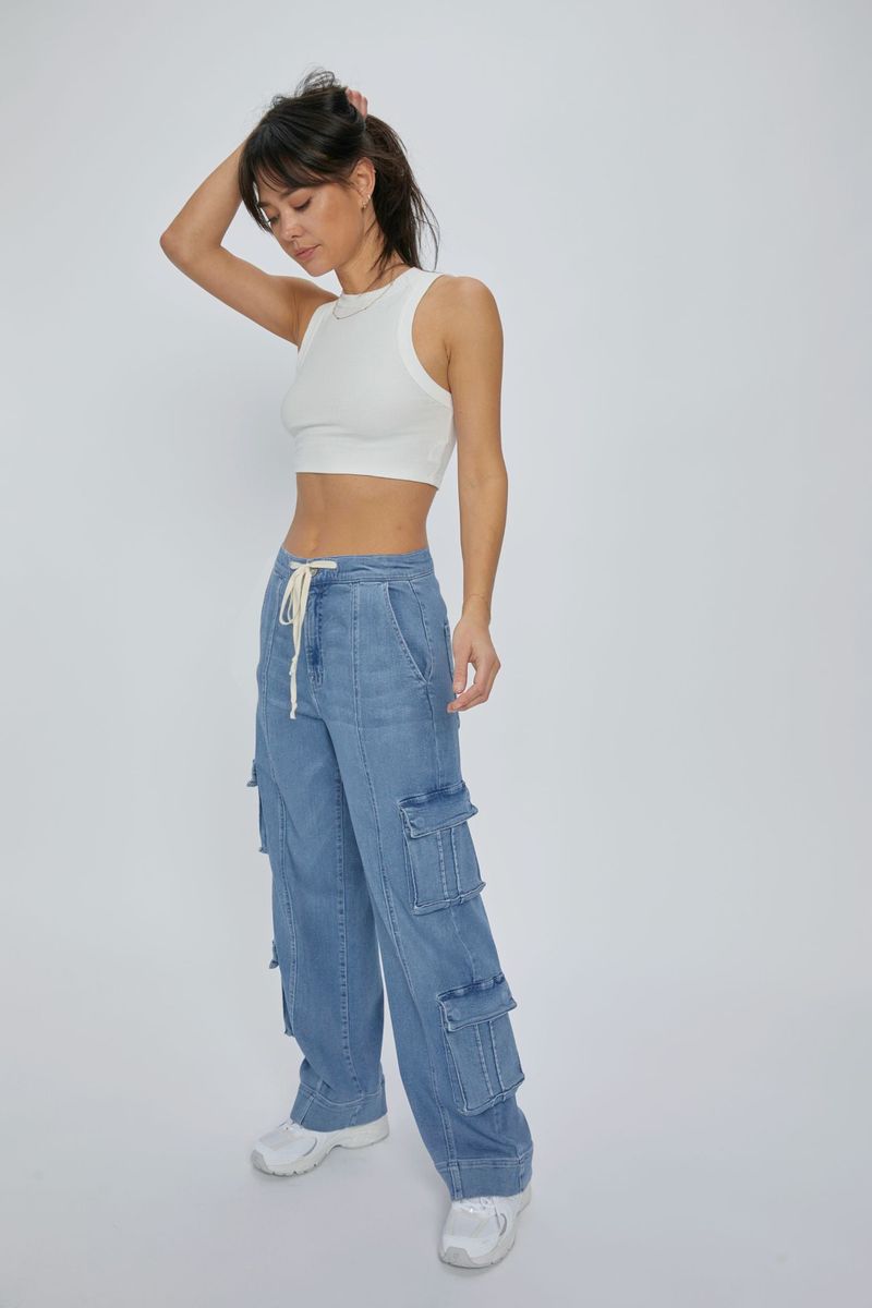 Roupas femininas primavera novo macacão lavado de rua feminino multi bolso perna larga renda jeans_voghion.com