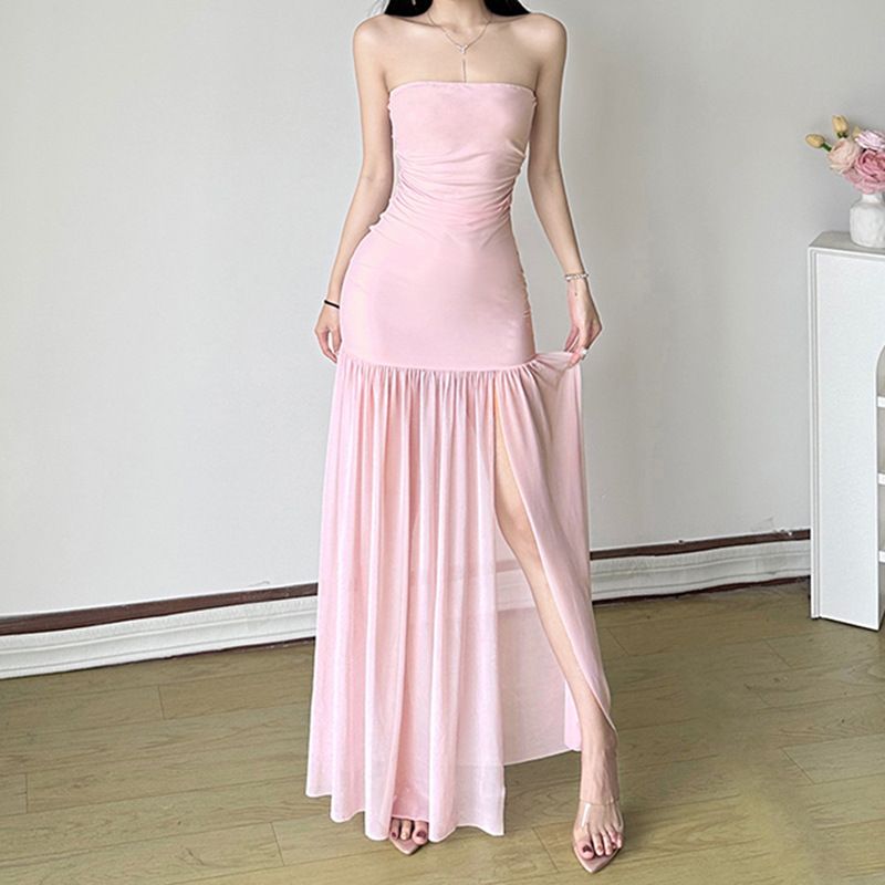 Pure Desire, sexy trägerloses Kleid mit einer Schulter aus Netzstoff, feminines Temperament, hohe Taille, schmale Passform, Schlitz, hüftbetont lang_voghion.com