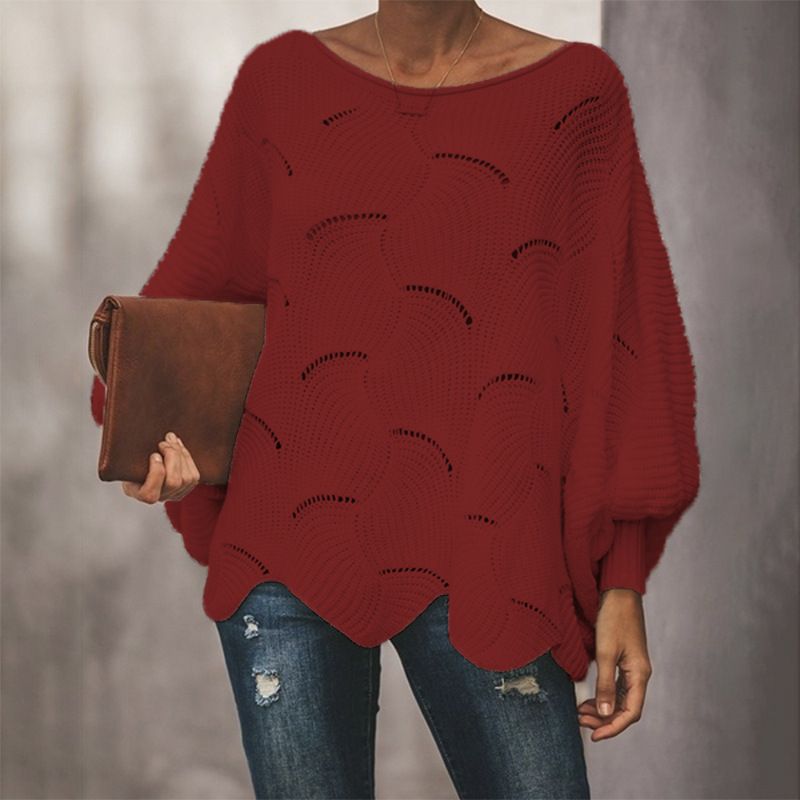 Unregelmäßiger lockerer Pullover mit Fledermausärmeln und ausgehöhltem Pullover für Damen_voghion.com