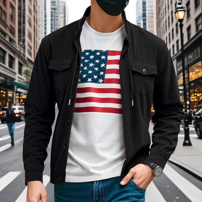 Autumn American Heavy Corduroy New Simple Versatile Multi Pocket Long Sleeved Stand Up Collar Jacket Men's Clothing_voghion.com