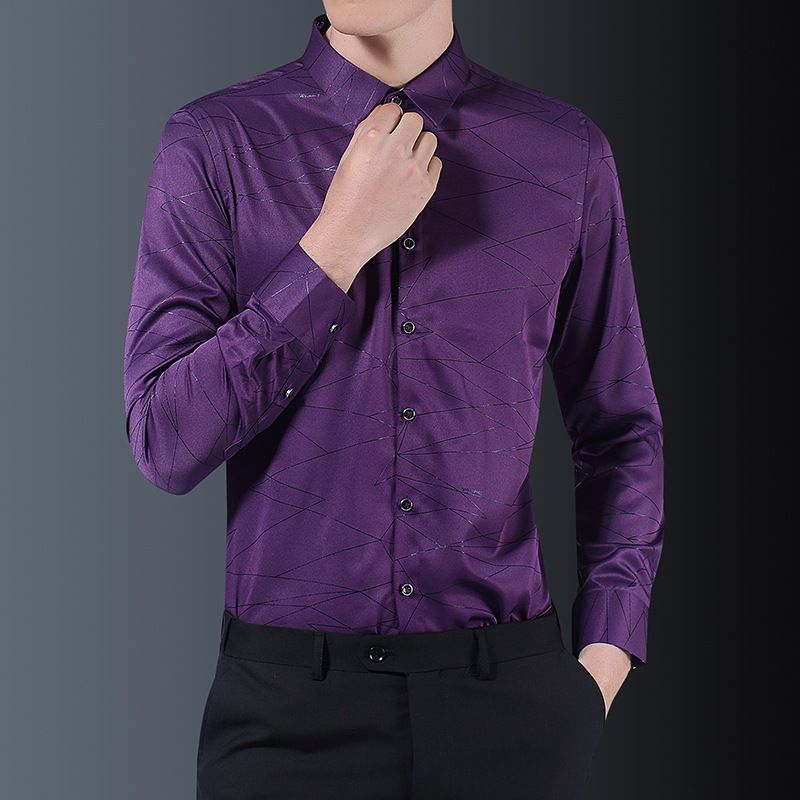 Herenoverhemd met lange mouwen, slim fit, strijkvrij, elastisch dun overhemd, zijden katoen, donker patroonprint, casual voering, lange mouwen_voghion.com
