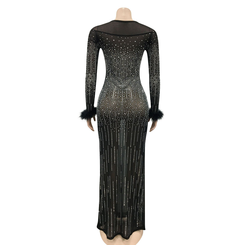 Damenmode-Nachtclub-Party mit Diamant-Damen-Mesh-Perspektive, langärmeliges Kleid, Damenkleid_voghion.com