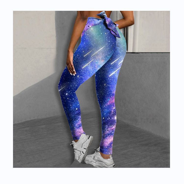 Pantaloni da yoga da yoga da donna con stampa multicolore antirughe sull'anca, dimagranti a vita alta, con fiocco elasticizzato_voghion.com