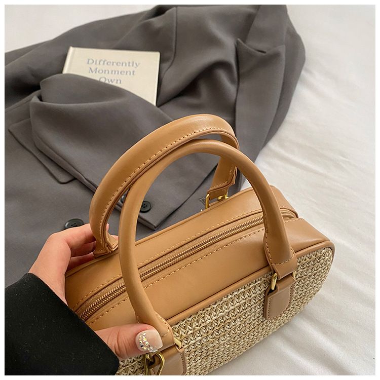 Borsa da donna in paglia intrecciata, piccola, quadrata, borsa a cuscino Boston, borsa a mano con colori a contrasto, borsa a tracolla_voghion.com