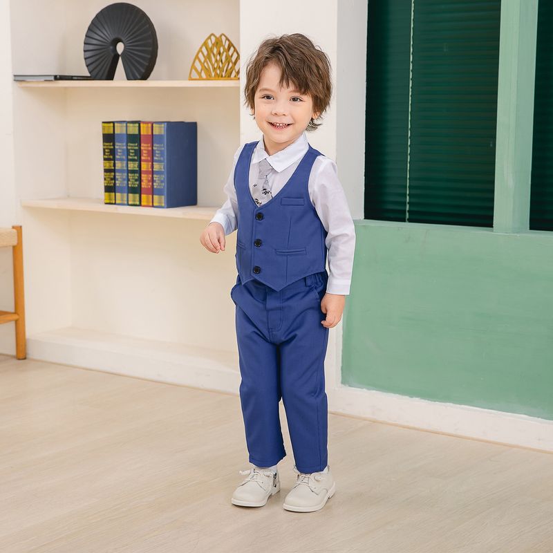Abito da gentiluomo per bambini nuovi ragazzi Camicia stile britannico gilet in tinta unita pantaloni cravatta abito per bambini in quattro pezzi_voghion.com