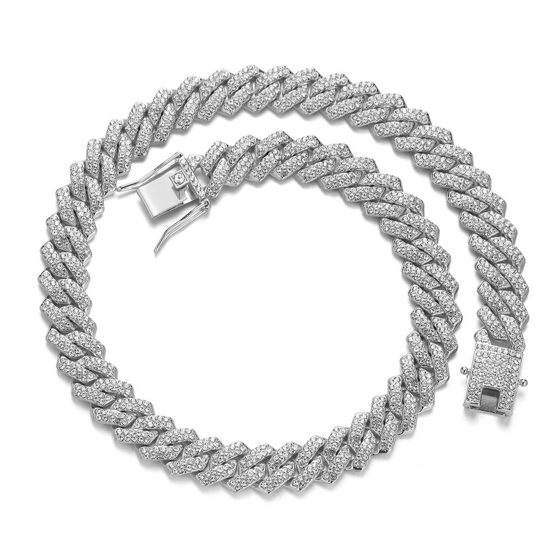 13MM Rhombus Prong Cuban Link Chain 2Row Iced Out Rhinestones Rapper Necklaces Bracelet For Men Women Choker Men Jewelry_voghion.com