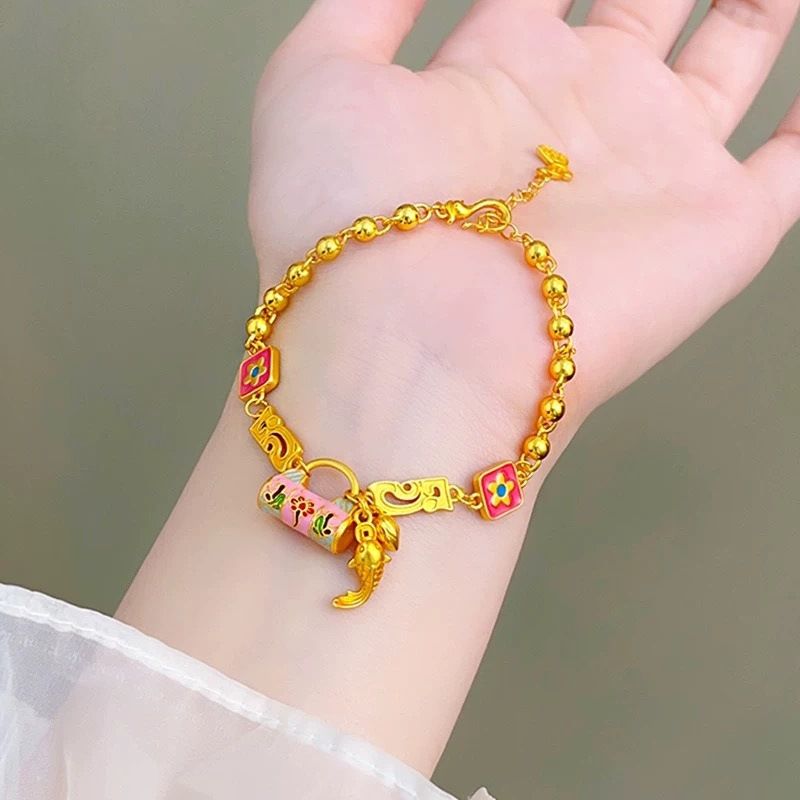 Gold shop same style sand gold burning blue enamel flower lock package koi round bead bracelet new Chinese style bracelet for girlfriend gift_voghion.com