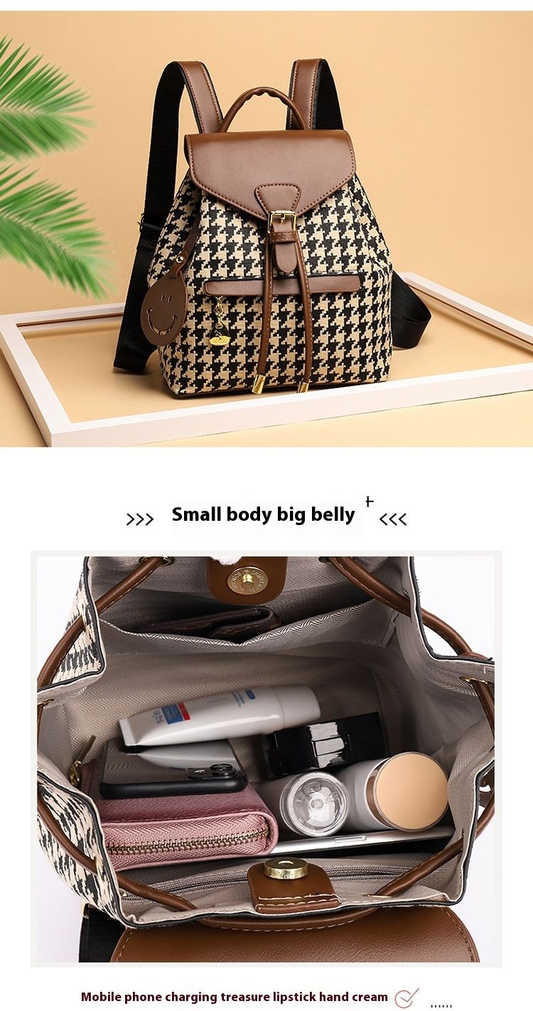 2024 New Fashion Women's Bag, Leisure and Retro Texture, Versatile Backpack, Trendy Thousand Bird Grid Large Capacity Book Bag_voghion.com