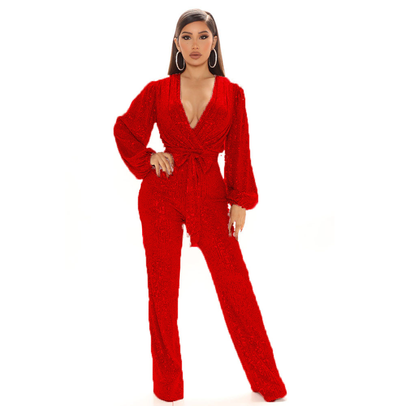Women's sequined deep V-neck long-sleeved jumpsuit _voghion.com