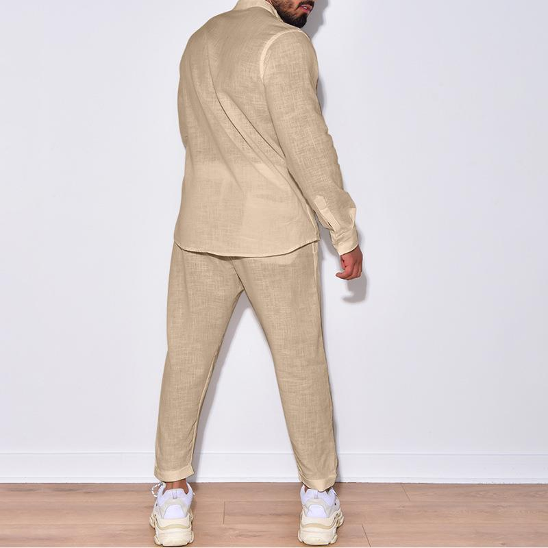 Sports men's linen, autumn casual set, long sleeved fashionable work suit, two piece pants set_voghion.com