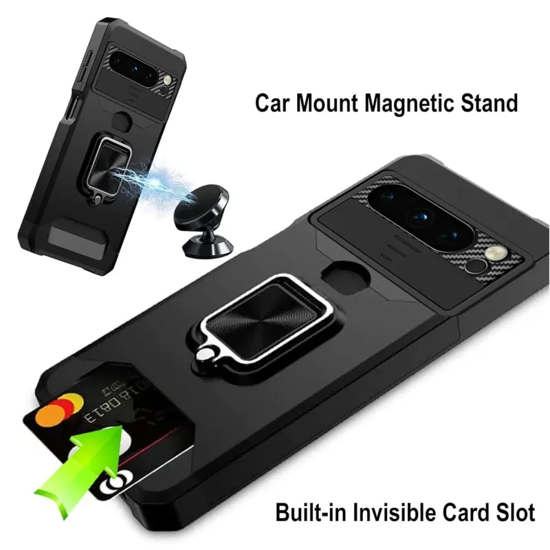 Hülle für Google Pixel 9A 9 XL 8 7A 7 6 A Pro Slide Kamera Kartenhalter Slot Wallet Schutzhülle mit Ringständer_voghion.com