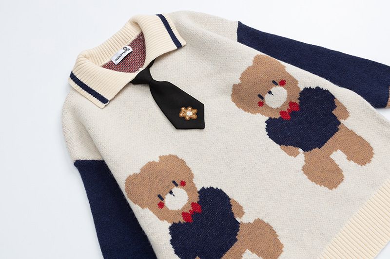 Pull col rond motif ours américain pour homme et femme, tricot ample à blocs de couleurs pour l'automne, style décontracté_voghion.com