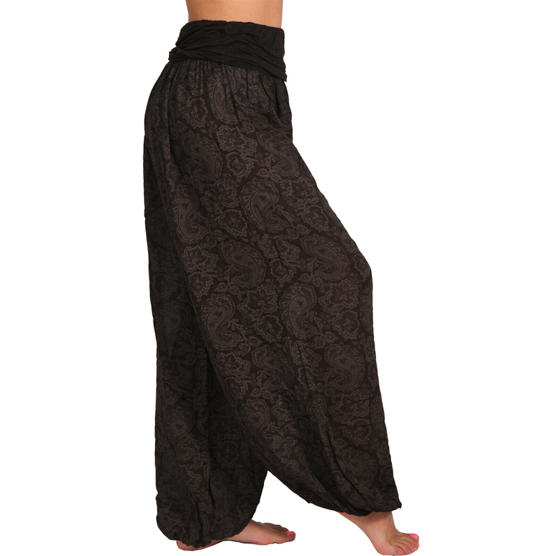 Roupas femininas Impressão digital Calças longas e largas Calças casuais Calças harém_voghion.com