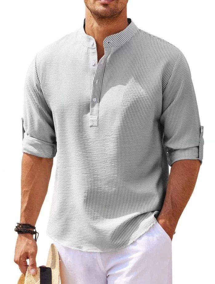 Pulse 2023 European And American In-Stock Long Sleeve Stand Collar Open Button Pineapple Check Men's Casual Shirt Top_voghion.com