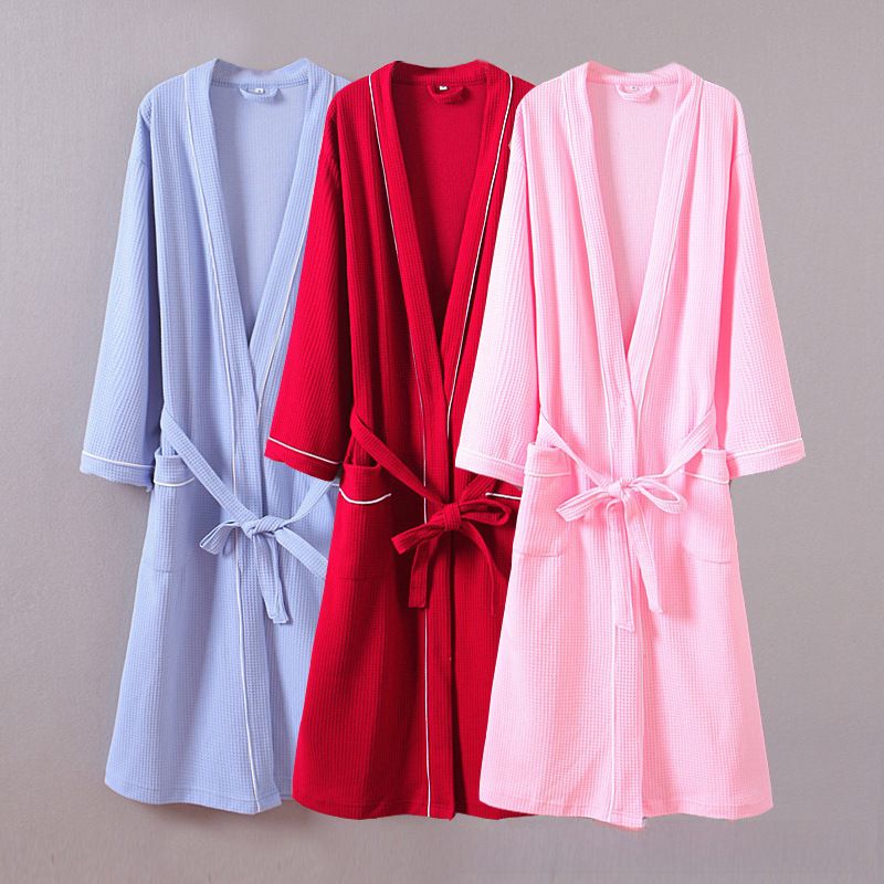 Hotel spring and summer couple waffle bathrobe soft cotton bathrobe hot spring nightgown with extra large size_voghion.com