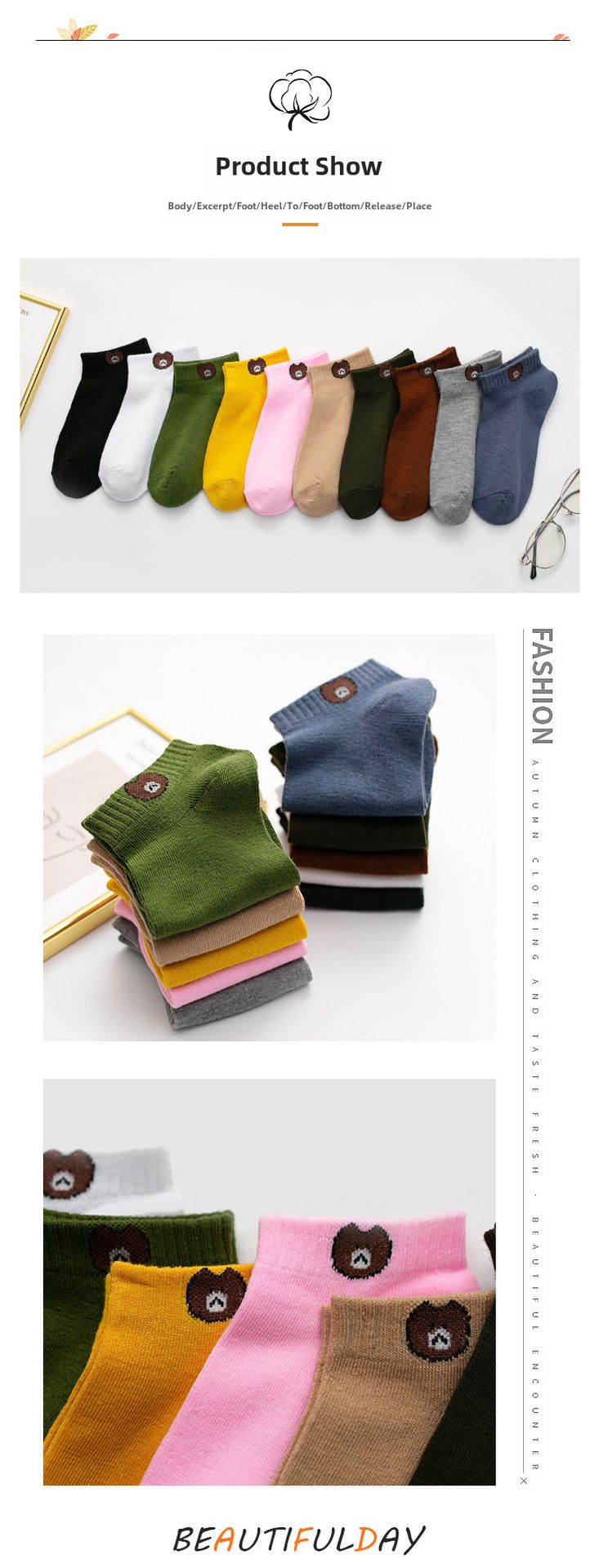 Boat socks women's spring and autumn casual cotton socks shallow bear socks invisible socks short cartoon socks Zhuji women's socks wholesale_voghion.com