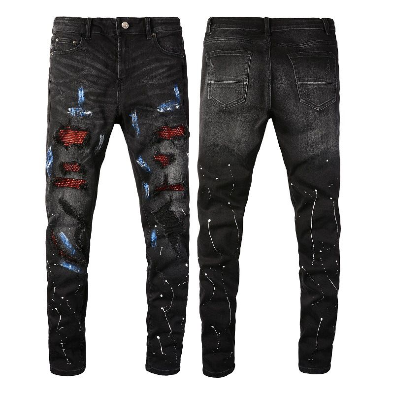 Vīriešu džinsi Moderns zīmola Paint Hole Patch Vīriešu džinsi Slim Fit_voghion.com
