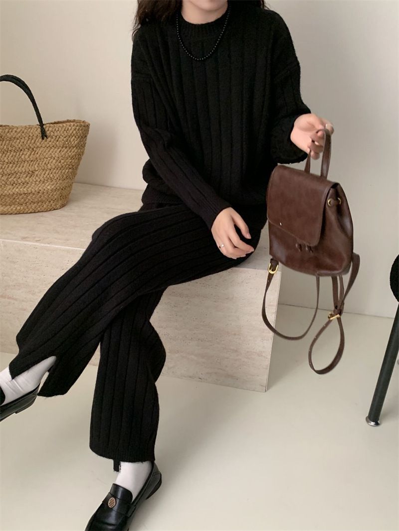 Plus Size Knit Sweater & Wide Leg Pants Set - Soft Ribbed Pullover & Flowy Lounge Trousers, Oversized Comfort Outfit For Women_voghion.com