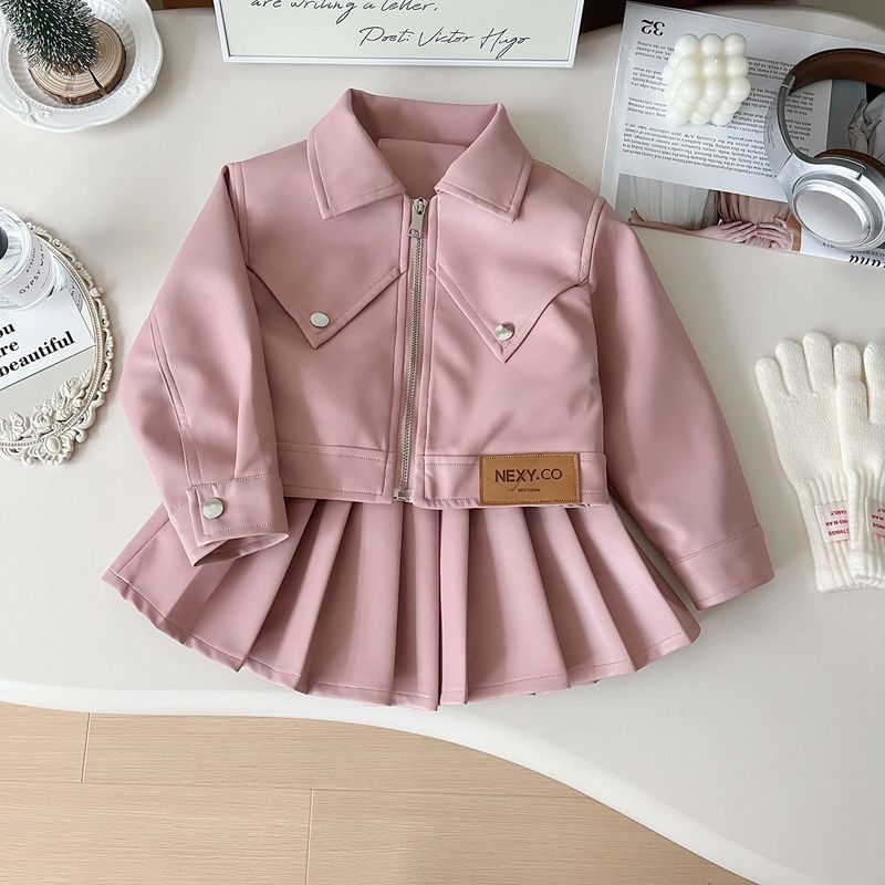Abbigliamento per bambini Tuta in similpelle autunnale per bambine Tuta da motociclista alla moda per bambine Giacca in pelle per bambini Gonna a pieghe Tuta a due pezzi_voghion.com