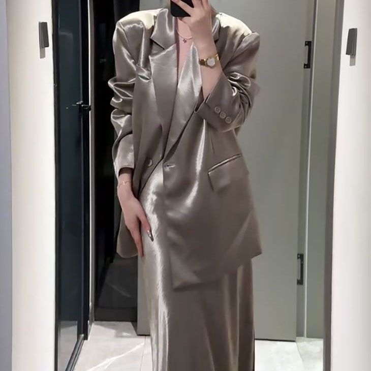 Costume haut de gamme décontracté, blazer mi-long, jupe taille haute, ensemble deux pièces pour le printemps et l'automne_voghion.com